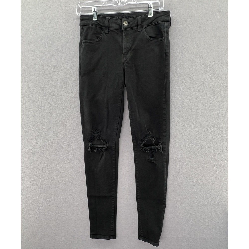 American Eagle Next Level Stretch Black Distressed Ripped Skinny Jeans 8 Long